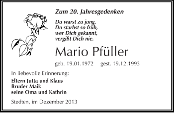 Traueranzeige von Mario Pfüller von Mitteldeutsche Zeitung Mansfelder Land