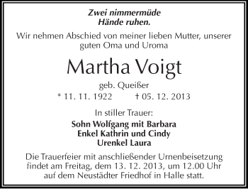 Traueranzeige von Martha Voigt von Mitteldeutsche Zeitung Halle/Saalkreis