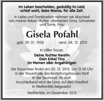 Traueranzeige von Gisela Pofahl von Mitteldeutsche Zeitung Weißenfels