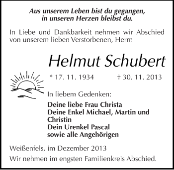 Traueranzeige von Helmut Schubert von Mitteldeutsche Zeitung Weißenfels