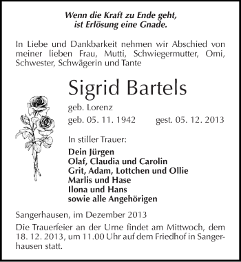 Traueranzeige von Sigrid Bartels von Mitteldeutsche Zeitung Sangerhausen