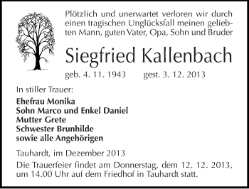 Traueranzeige von Siegfried Kallenbach von Mitteldeutsche Zeitung Naumburg/Nebra