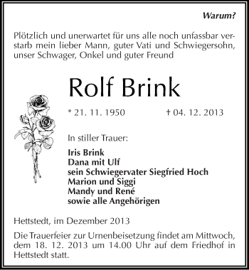 Traueranzeige von Rolf Brink von Mitteldeutsche Zeitung Mansfelder Land