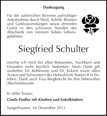 Traueranzeige von Siegfried Schulter von Mitteldeutsche Zeitung Sangerhausen