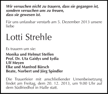 Traueranzeige von Lotti Strehle von Mitteldeutsche Zeitung Halle/Saalkreis