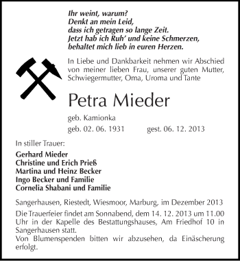 Traueranzeige von Petra Mieder von Mitteldeutsche Zeitung Sangerhausen