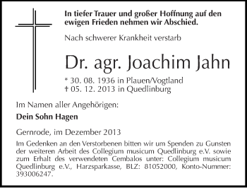 Traueranzeige von Joachim Jahn von Mitteldeutsche Zeitung Quedlinburg