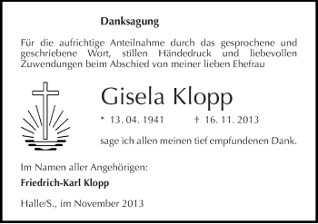 Traueranzeige von Gisela Klopp von Mitteldeutsche Zeitung Halle/Saalkreis