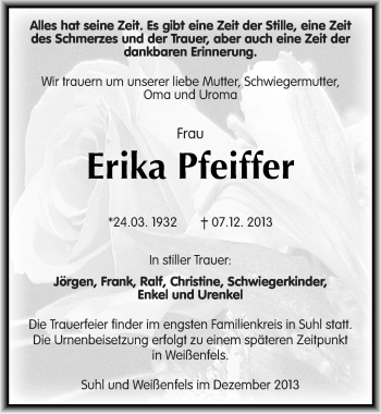 Traueranzeige von Erika Pfeiffer von Mitteldeutsche Zeitung Weißenfels