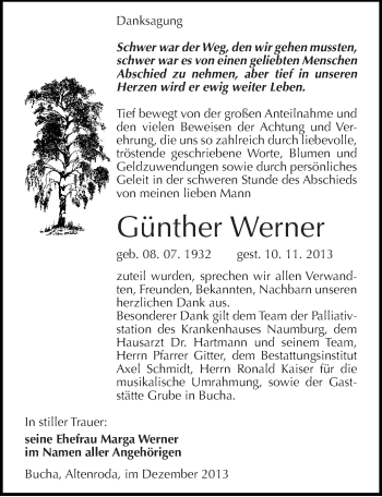 Traueranzeige von Günther Werner von Mitteldeutsche Zeitung Naumburg/Nebra