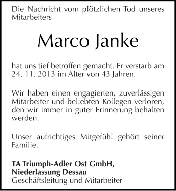 Traueranzeige von Marco Janke von Mitteldeutsche Zeitung Dessau-Roßlau