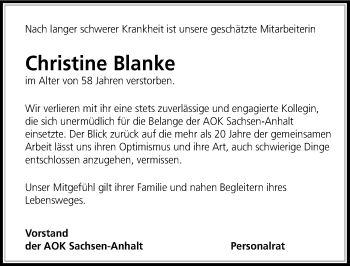 Traueranzeige von Christine Blanke von Mitteldeutsche Zeitung Mansfelder Land