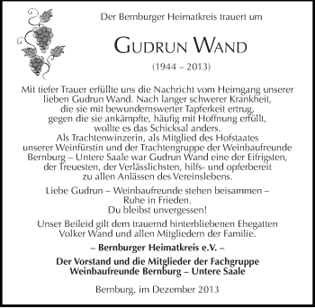 Traueranzeige von Gudrun Wand von Mitteldeutsche Zeitung Bernburg