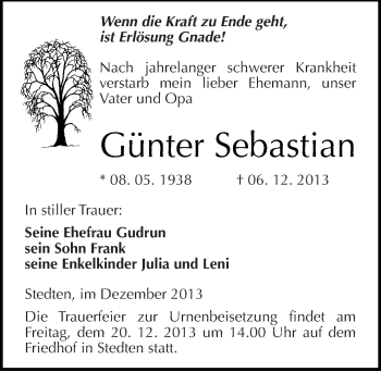 Traueranzeige von Günter Sebastian von Mitteldeutsche Zeitung Mansfelder Land