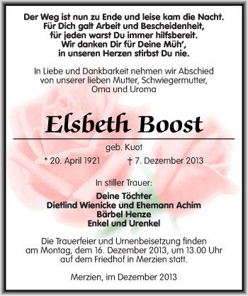 Traueranzeige von Elsbeth Boost von Mitteldeutsche Zeitung Köthen