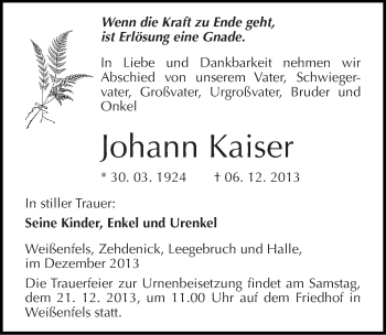 Traueranzeige von Johann Kaiser von Mitteldeutsche Zeitung Weißenfels