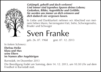 Traueranzeige von Sven Franke von Mitteldeutsche Zeitung Merseburg/Querfurt
