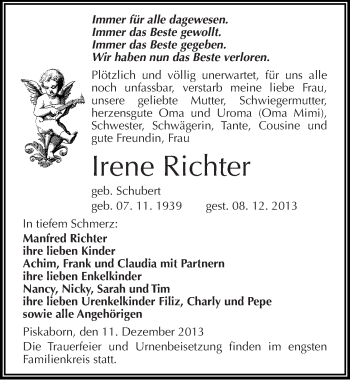 Traueranzeige von Irene Richter von Mitteldeutsche Zeitung Mansfelder Land