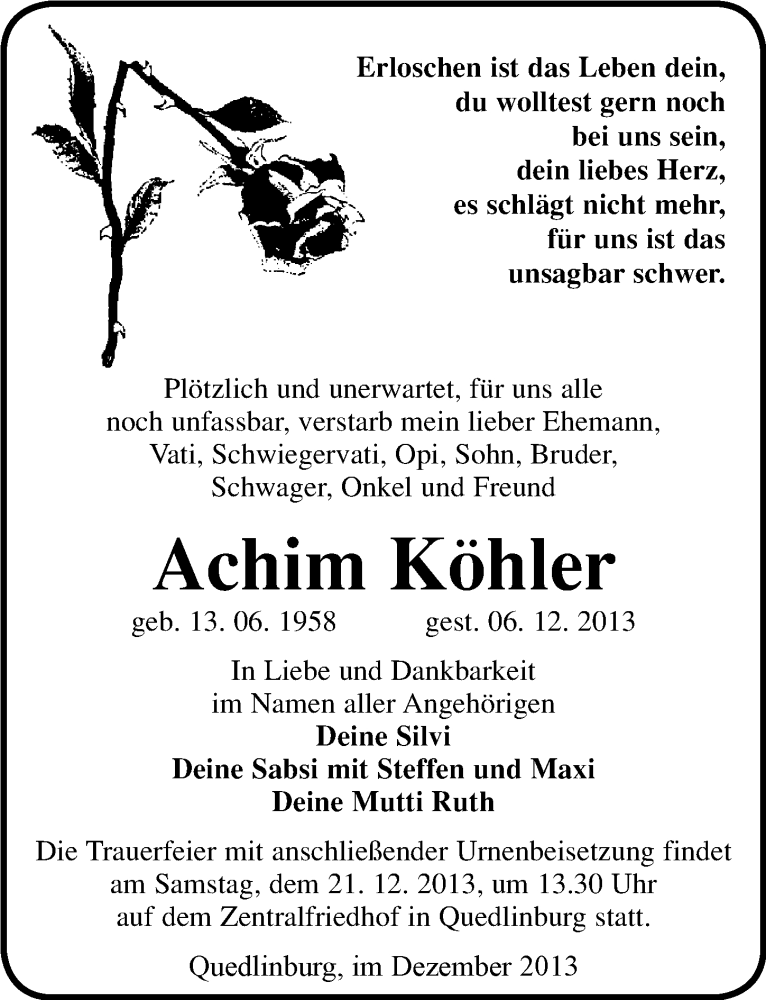  Traueranzeige für Achim Köhler vom 11.12.2013 aus Mitteldeutsche Zeitung Quedlinburg