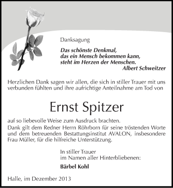 Traueranzeige von Ernst Spitzer von Mitteldeutsche Zeitung Halle/Saalkreis