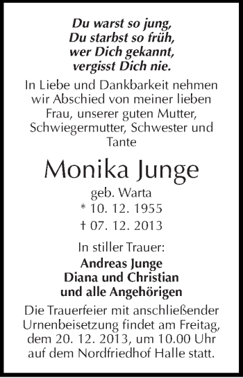 Traueranzeige von Monika Junge von Mitteldeutsche Zeitung Halle/Saalkreis
