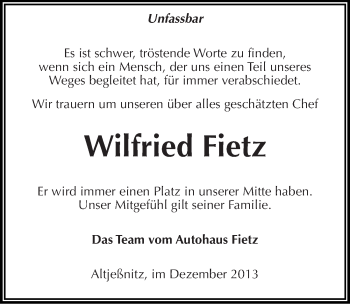 Traueranzeige von Wilfried Fietz von Mitteldeutsche Zeitung Bitterfeld