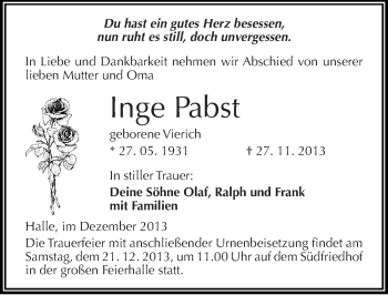 Traueranzeige von Inge Pabst von Mitteldeutsche Zeitung Halle/Saalkreis