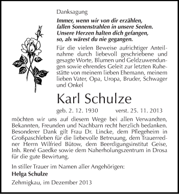 Traueranzeige von Karl Schulze von Mitteldeutsche Zeitung Köthen