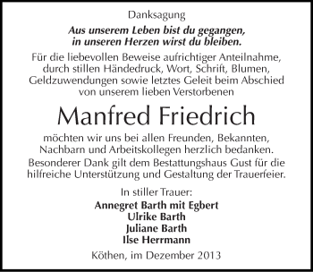 Traueranzeige von Manfred Friedrich von Mitteldeutsche Zeitung Köthen