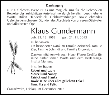 Traueranzeige von Klaus Gundermann von Mitteldeutsche Zeitung Naumburg/Nebra