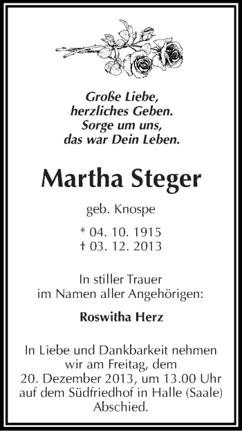 Traueranzeige von Martha Steger von Mitteldeutsche Zeitung Halle/Saalkreis