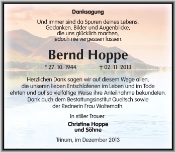 Traueranzeige von Bernd Hoppe von Mitteldeutsche Zeitung Köthen