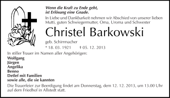 Traueranzeige von Christel Barkowski von Mitteldeutsche Zeitung Sangerhausen