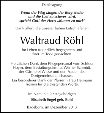 Traueranzeige von Waltraud Röhl von Mitteldeutsche Zeitung Quedlinburg