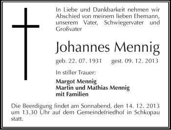 Traueranzeige von Johannes Mennig von Mitteldeutsche Zeitung Merseburg/Querfurt