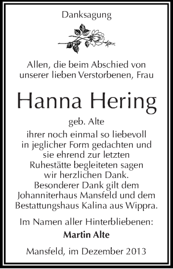 Traueranzeige von Hanna Hering von Mitteldeutsche Zeitung Mansfelder Land
