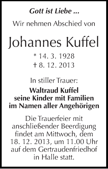 Traueranzeige von Johannes Kuffel von Mitteldeutsche Zeitung Halle/Saalkreis