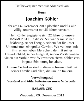 Traueranzeige von Joachim Köhler von Mitteldeutsche Zeitung Quedlinburg