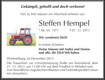 Traueranzeige von Steffen Hempel von Mitteldeutsche Zeitung Mansfelder Land