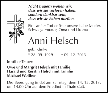 Traueranzeige von Anni Helsch von Mitteldeutsche Zeitung Quedlinburg