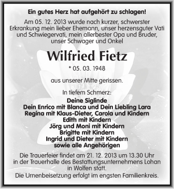 Traueranzeige von Wilfried Fietz von Mitteldeutsche Zeitung Bitterfeld
