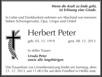Traueranzeige von Herbert Peter von Mitteldeutsche Zeitung Mansfelder Land
