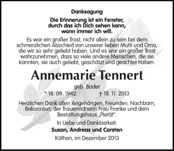 Traueranzeige von Annemarie Tennert von Mitteldeutsche Zeitung Köthen