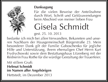 Traueranzeige von Gisela Schmidt von Mitteldeutsche Zeitung Mansfelder Land