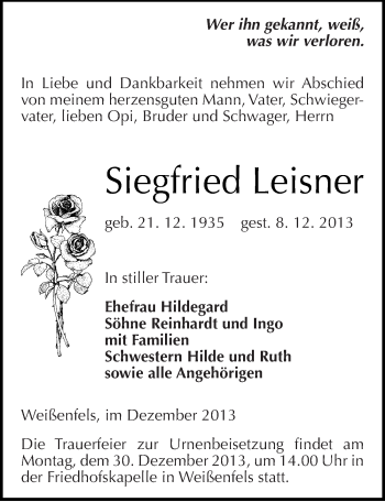 Traueranzeige von Siegfried Leisner von Mitteldeutsche Zeitung Weißenfels