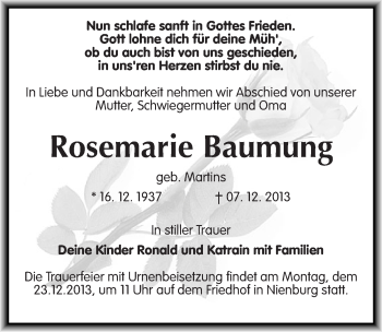 Traueranzeige von Rosemarie Baumung von Mitteldeutsche Zeitung Bernburg
