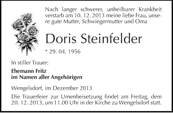 Traueranzeige von Doris Steinfelder von Mitteldeutsche Zeitung Weißenfels