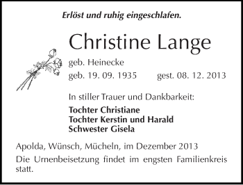 Traueranzeige von Christine Lange von Mitteldeutsche Zeitung Merseburg/Querfurt
