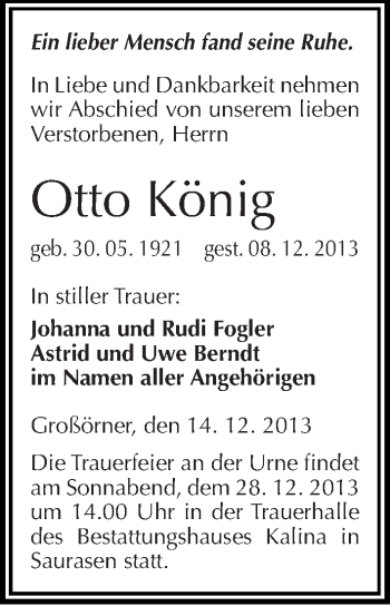 Traueranzeige von Otto König von Mitteldeutsche Zeitung Mansfelder Land