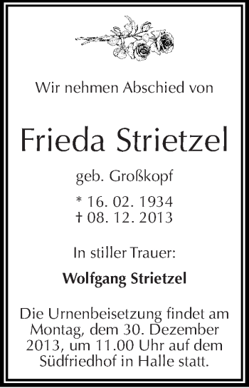 Traueranzeige von Frieda Strietzel von Mitteldeutsche Zeitung Halle/Saalkreis